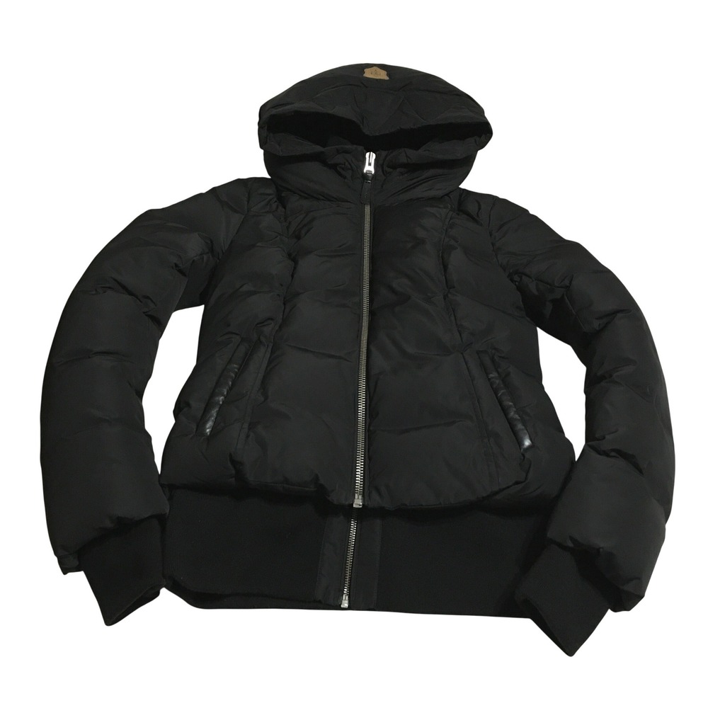 Mackage Puffer Down Jacket Women Medium Black Hooded Bomber Leather Trim